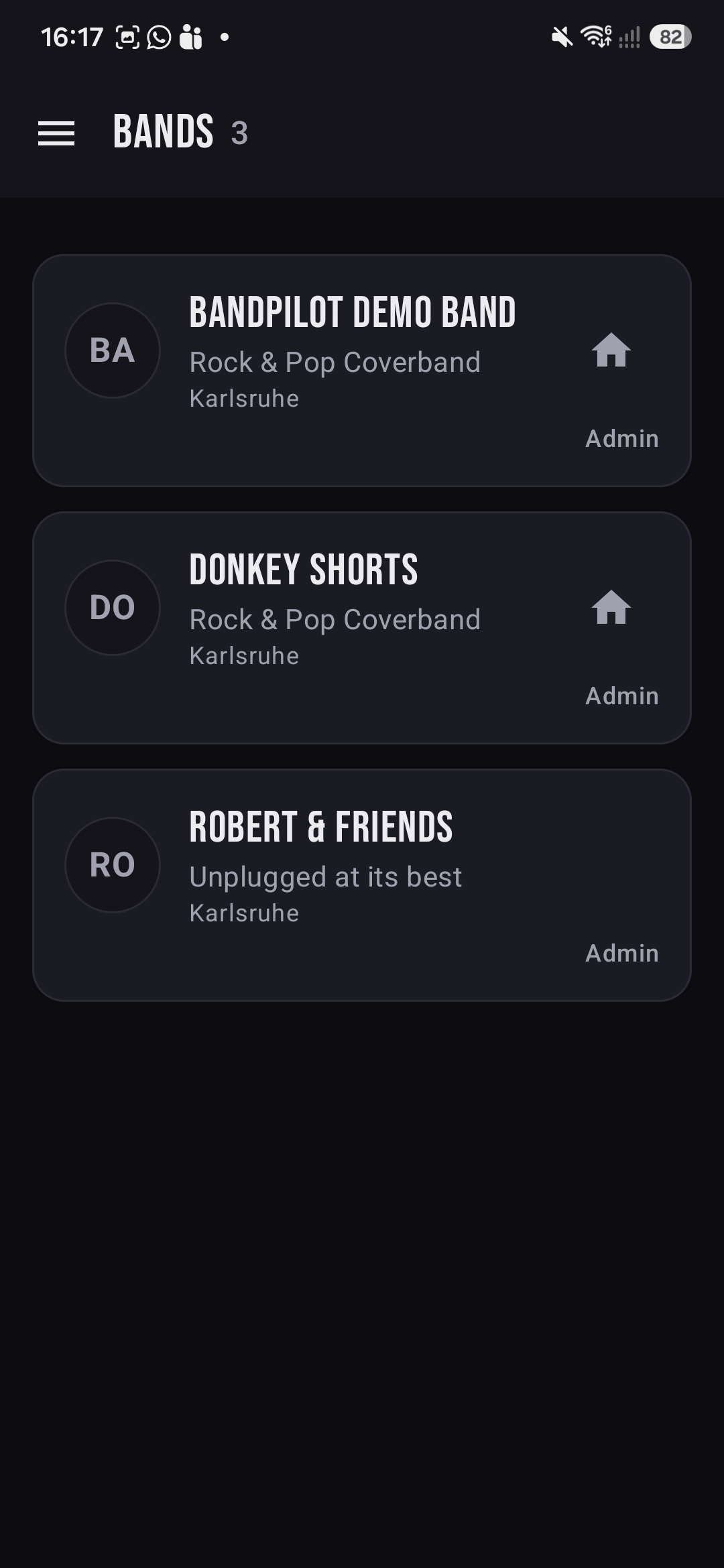 The Bands screen listing three bands with style, town and role