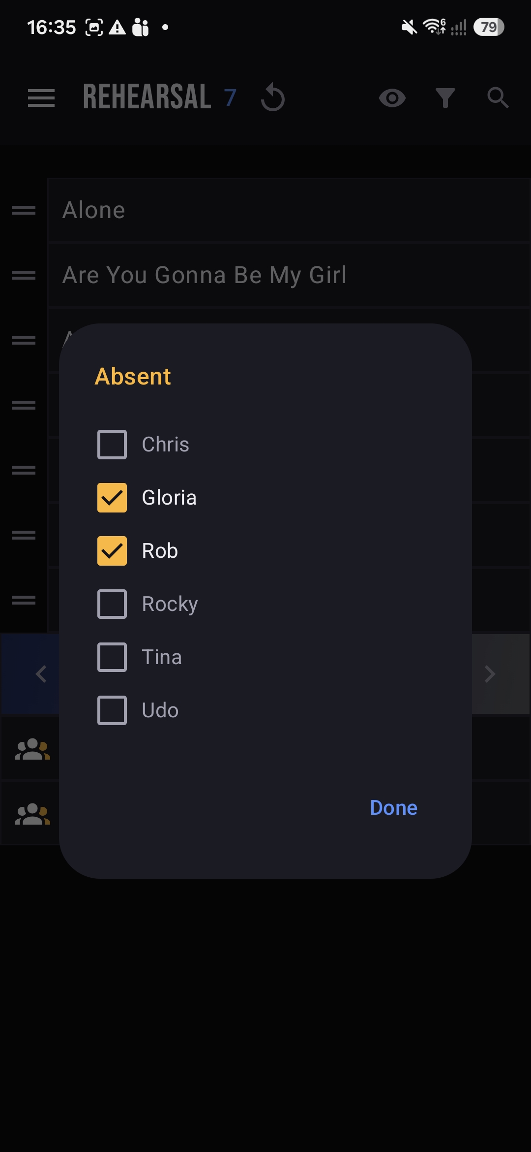 Absent dialog with band members and checkboxes