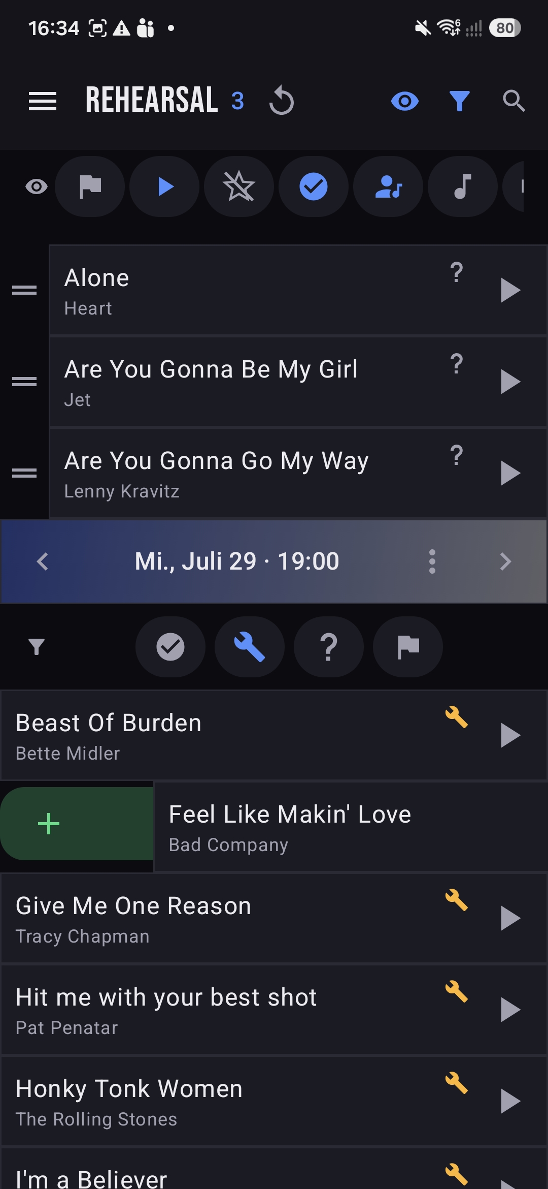 Adding songs to a rehearsal from the catalog, with drag handles