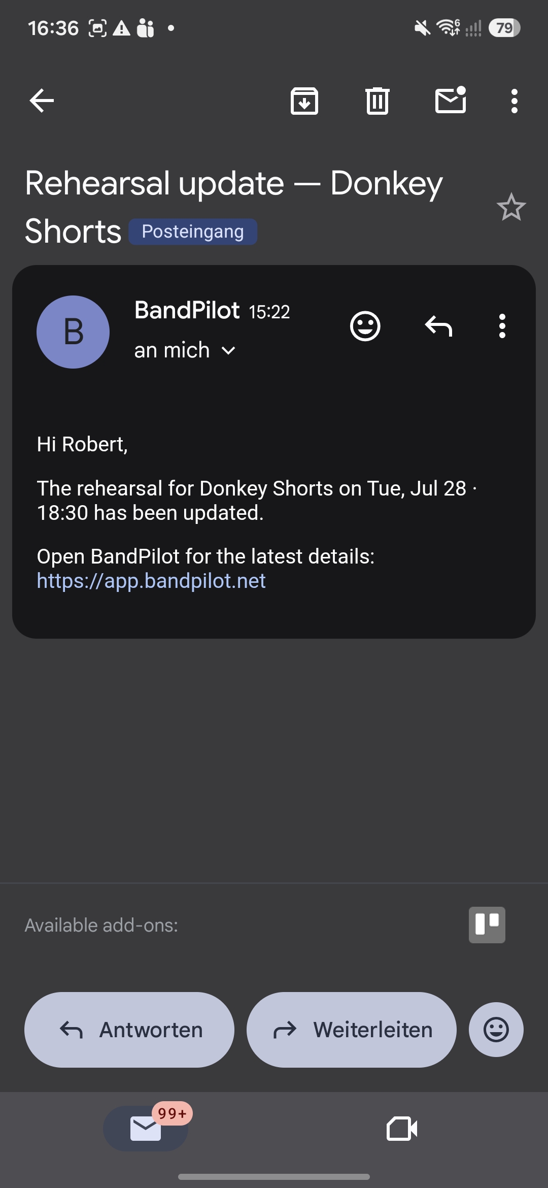 The rehearsal update email as received in Gmail