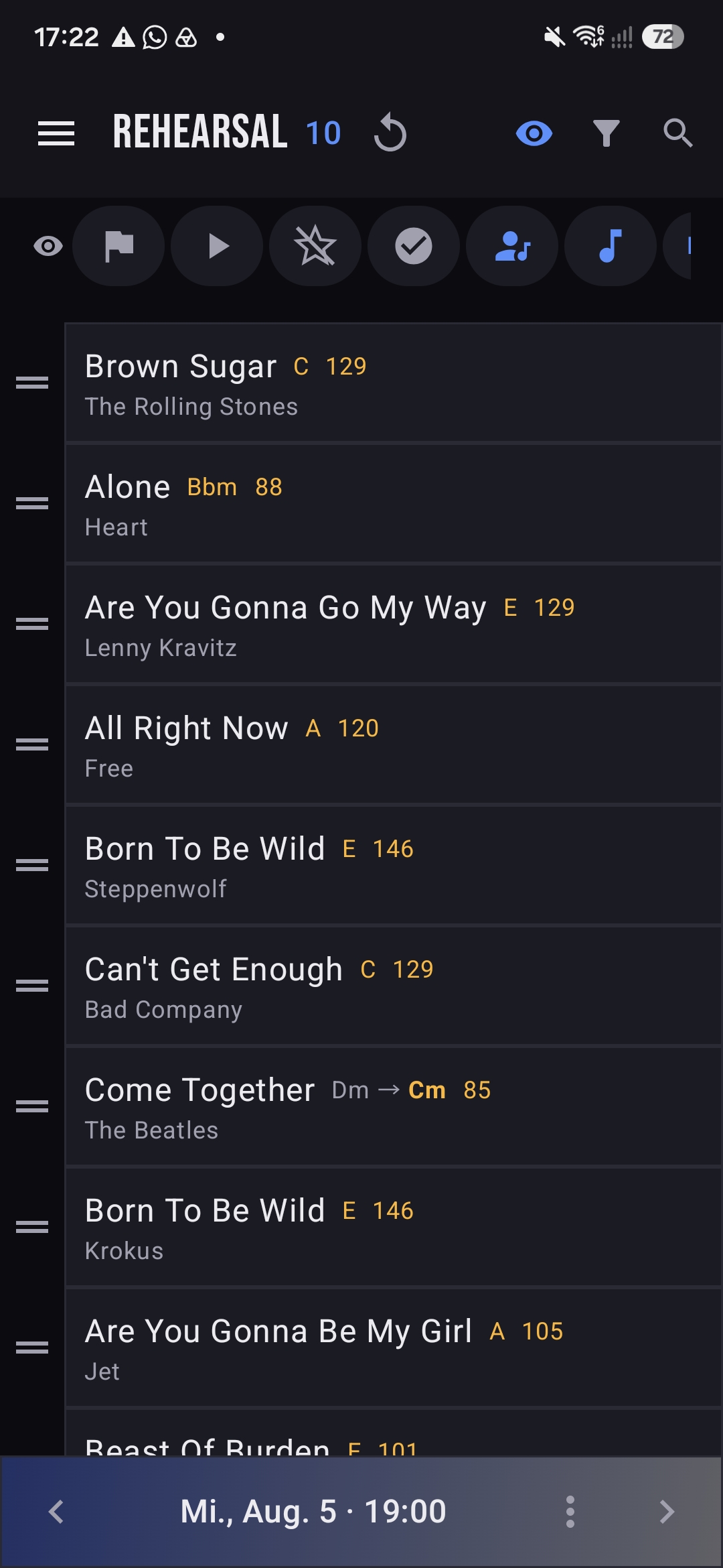 A rehearsal setlist of ten songs showing keys and BPM