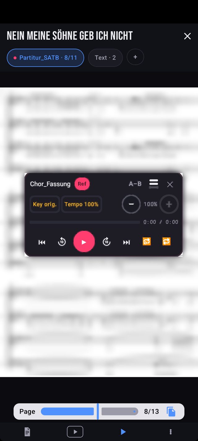Chorpartitur auf dem Handy mit eingeblendetem Audio-Player der Chorfassung
