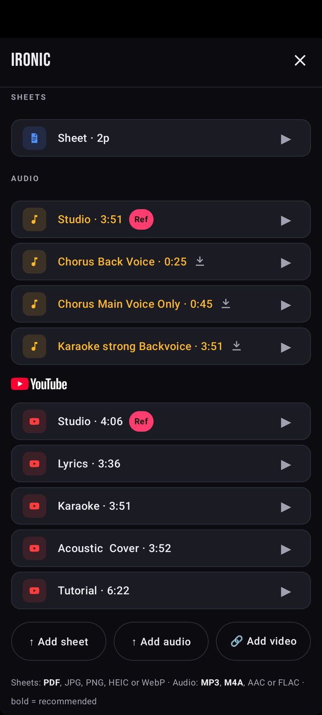 Dateien und Links zum Song „Ironic“: ein Leadsheet, vier Audios und fünf YouTube-Videos, Studio-Fassung als Referenz markiert