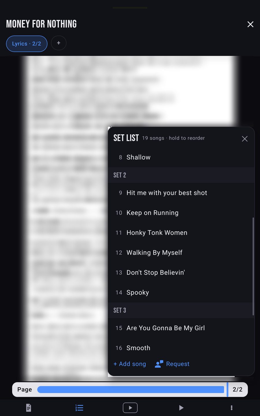Leadsheet auf dem Tablet mit geöffnetem Setlisten-Navigator: Sets, Songs, Song hinzufügen und Publikumswunsch