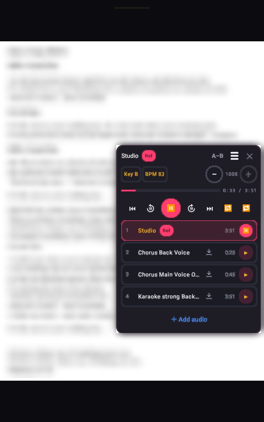 Audio-Player auf dem Tablet über einem Leadsheet: Tonart, Tempo, A-B-Schleife und vier Aufnahmen des Songs