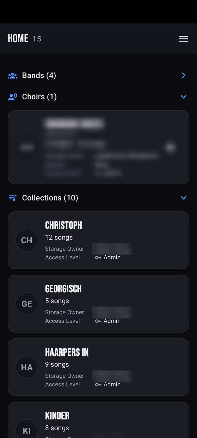 Startseite der App mit Bands, Chören und Sammlungen