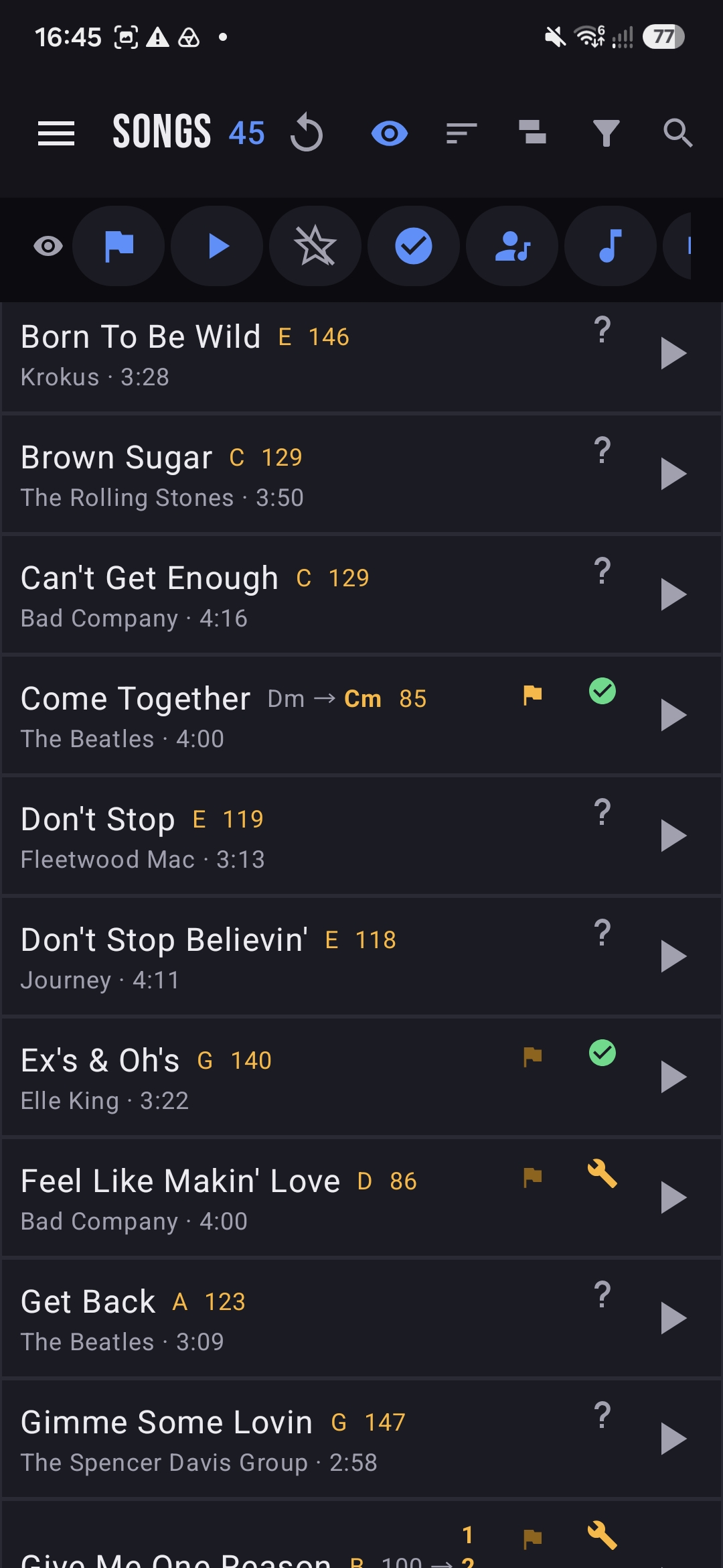 The BandPilot song list showing titles, artists, keys, BPM and status icons