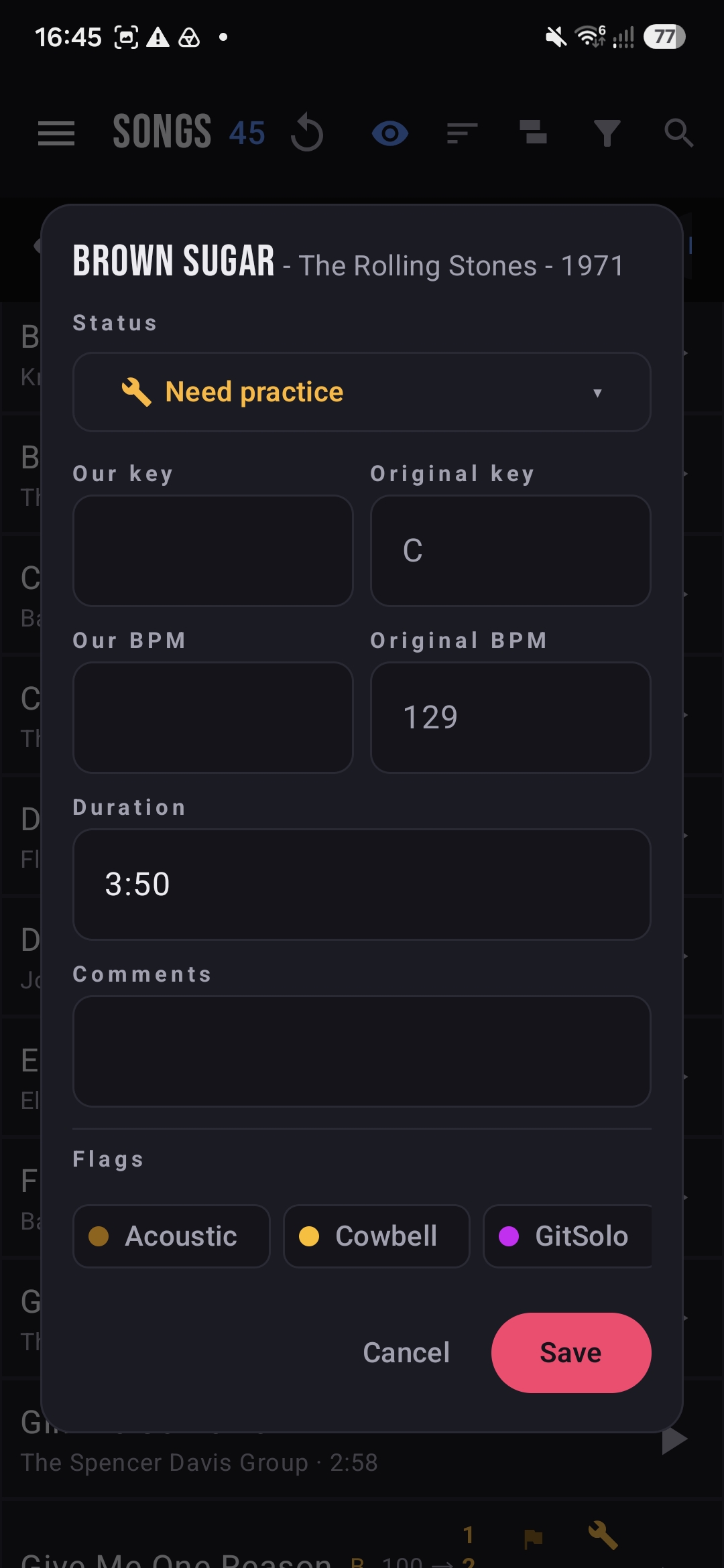 Song detail sheet with status, our key, original key, BPM, duration, comments and flags
