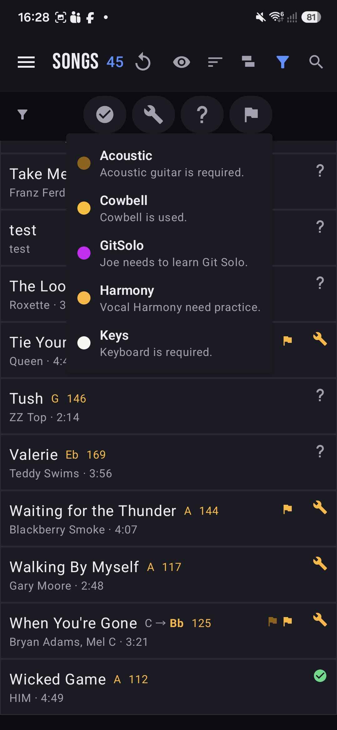 Flag legend showing Acoustic, Cowbell, GitSolo, Harmony and Keys with descriptions