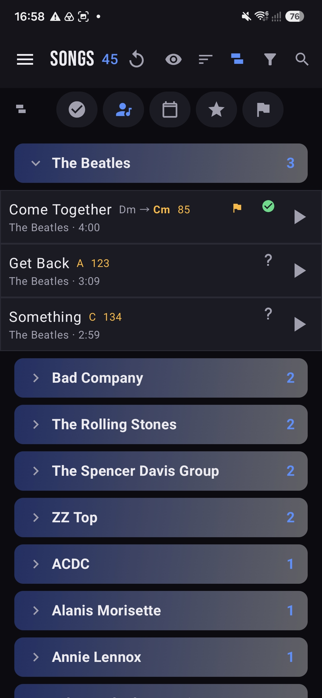 Songs grouped by artist with counts