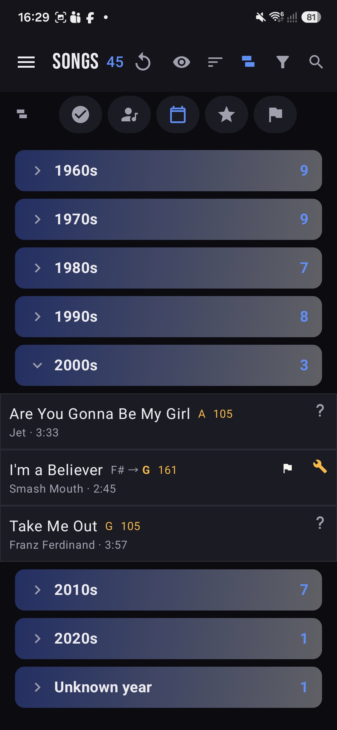 Songs grouped by decade with counts