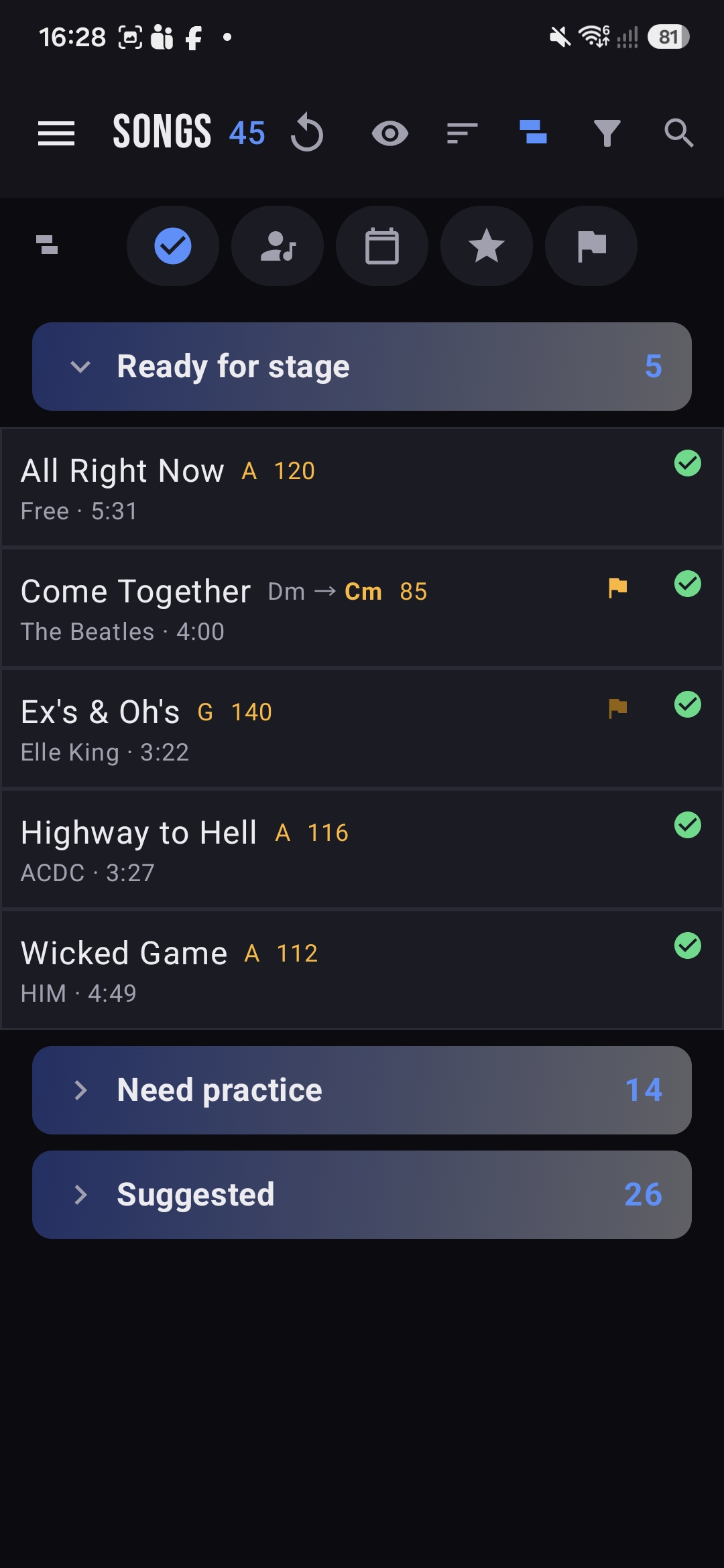 Songs grouped by status: Ready for stage, Need practice, Suggested with counts