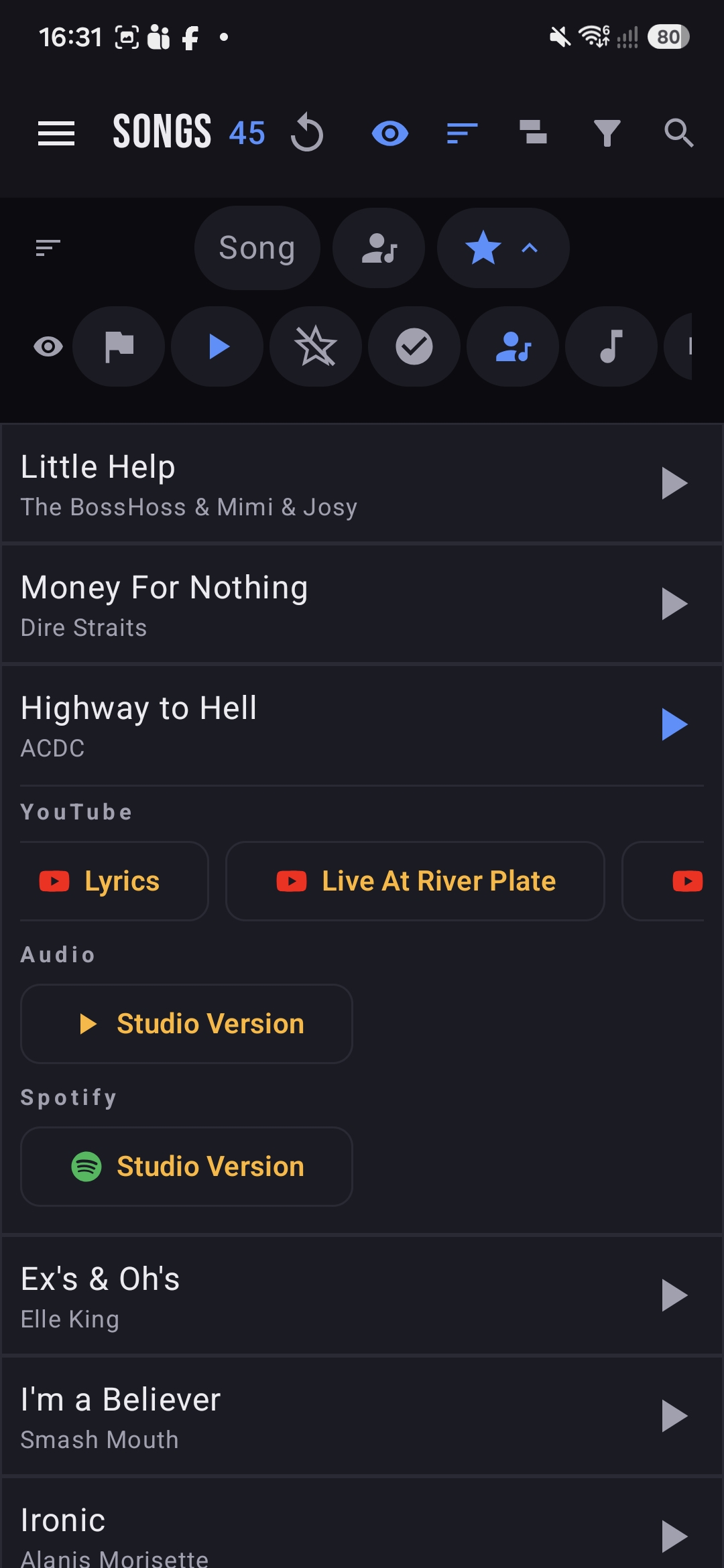A song's media links: YouTube lyrics and live, audio studio version, Spotify