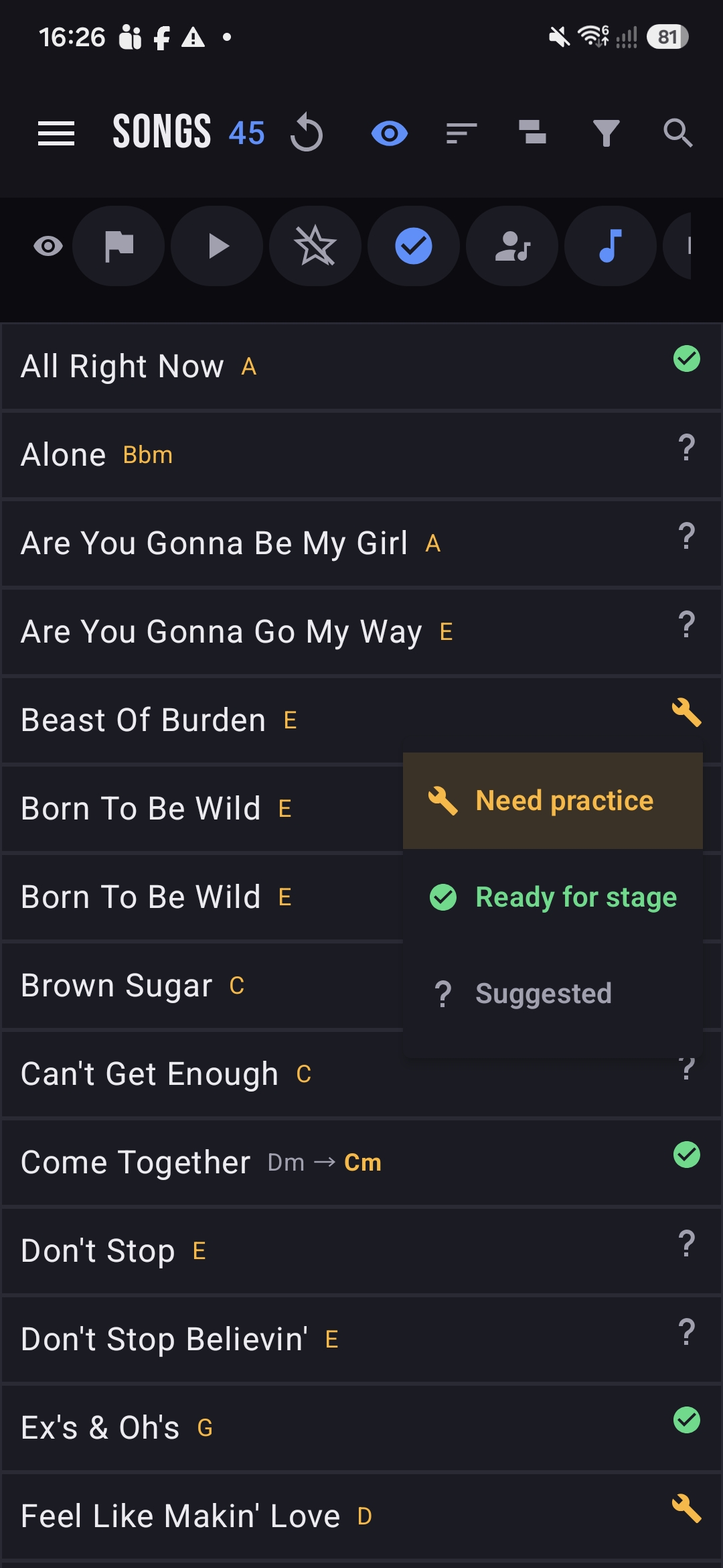 Status menu showing Need practice, Ready for stage and Suggested