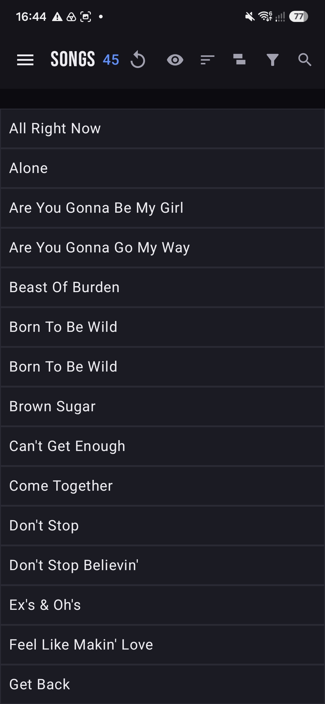 Song list showing titles only
