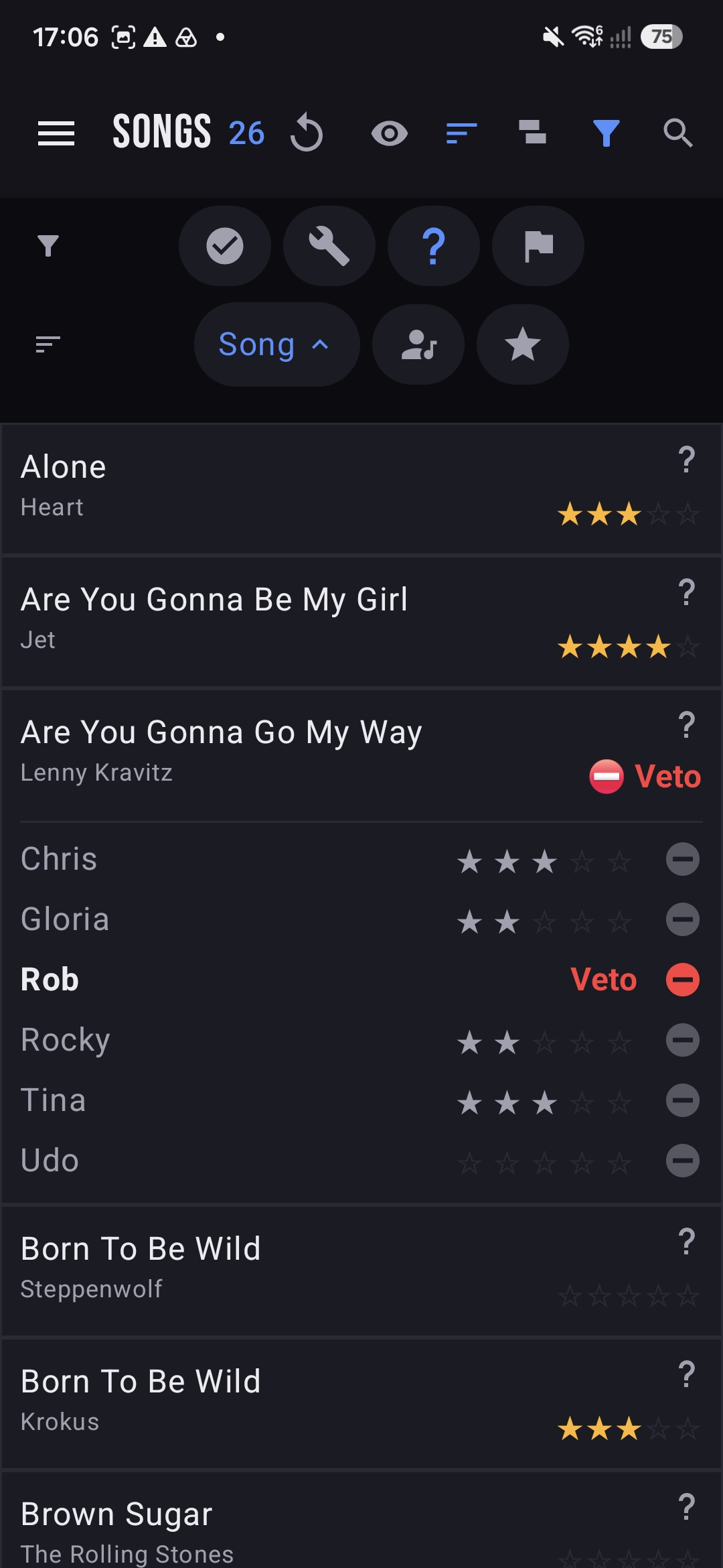 A song showing a red Veto from a member